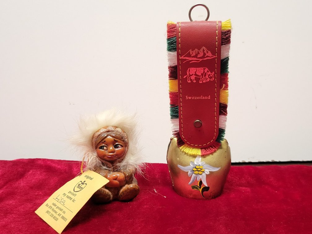 Signed Naber Alaska Eskimo Doll & Hand-Painted Swiss Brass Cowbell