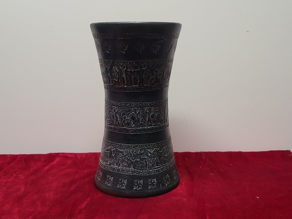 KK Greek Pottery Matte Black Relief Vase – Handmade in Greece Neoclassical Hourglass Silhouette, Mythological Procession & Greek Key Borders (20.5cm)