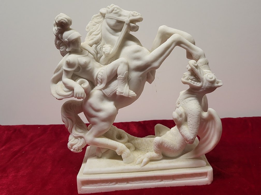 Italian Alabaster St. George & Dragon Statue - Repaired / Damaged Dragon