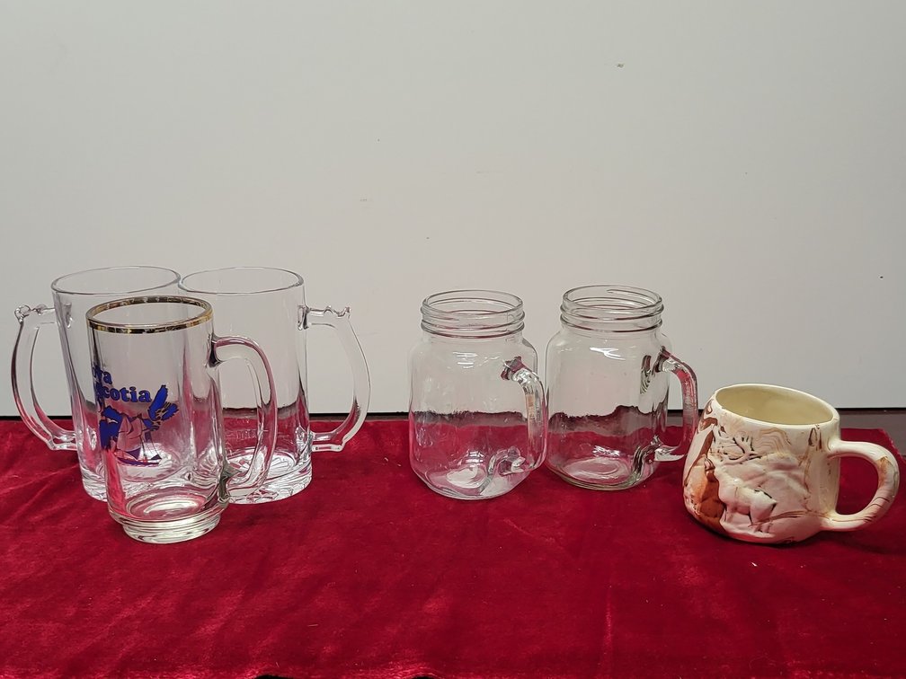 Collectible Glass Stein and Alaska Sitka Clay Elk Mug, Lot of 6 Pieces