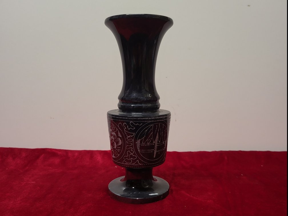 Onyx Marble Stone Vase 8 Inches Tall Variations of Gray, Floral Etching