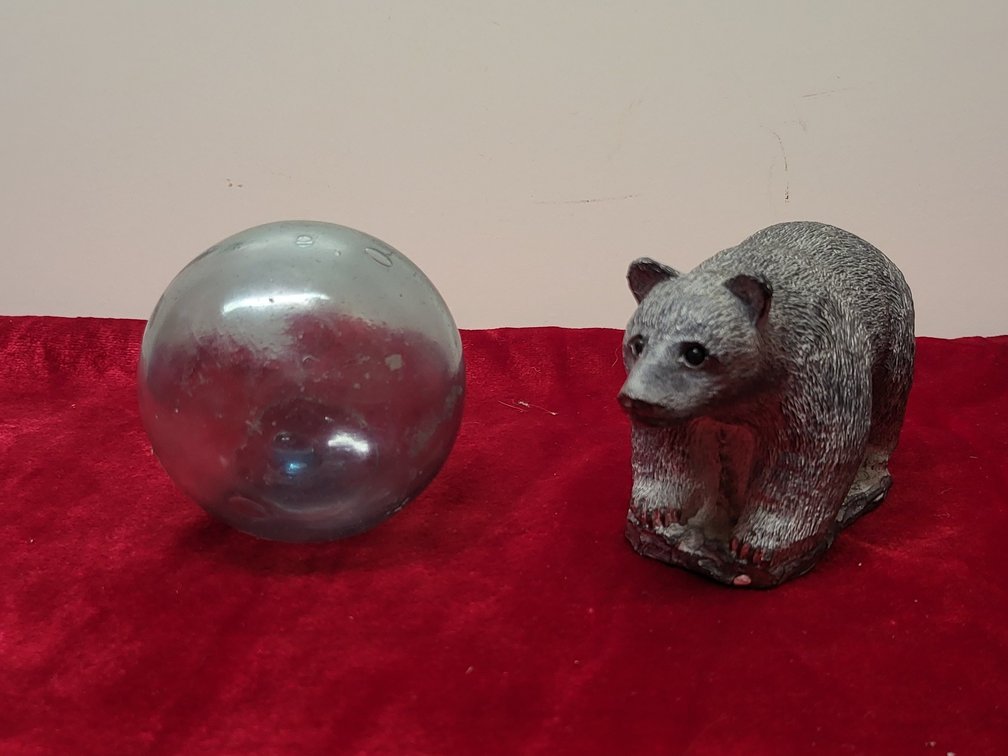 Hand-Blown Glass Fishing Float &  A Wolf Original Bear Figurine Soapstone Sculpture Canada 4”
