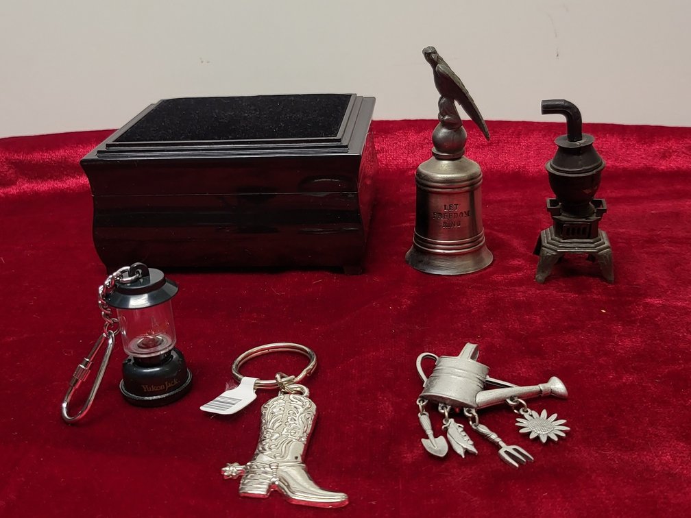 Collectibles & Jewelry Box Lot ,Pewter Eagle Bell, Die-Cast Stove, Western Charms & Box