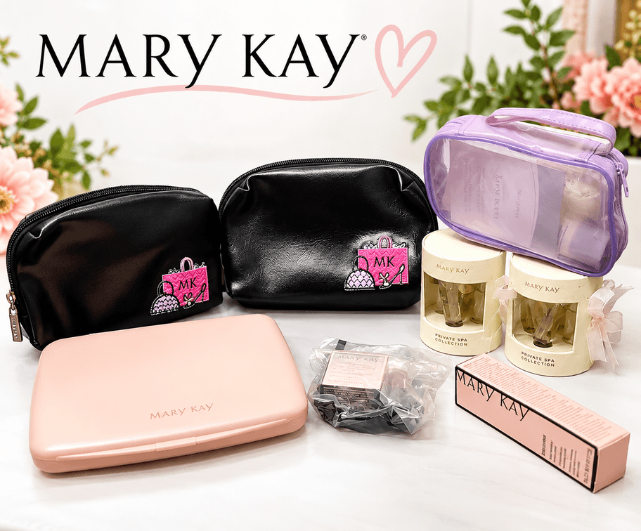 Mary Kay beauty and cosmetic accessories, including makeup bags, beauty products