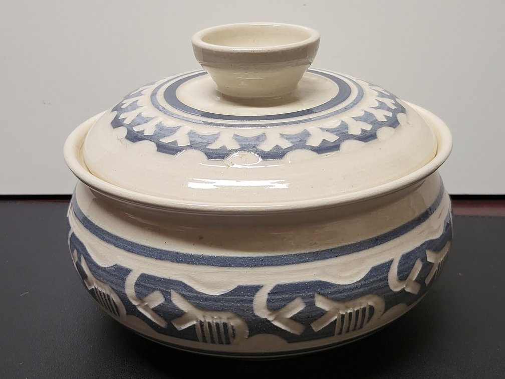 Jane Rekedal Studio Art Pottery Lidded Casserole Dish - Signed Hand-Thrown Ceramic Covered Bowl with Blue Fish Motif