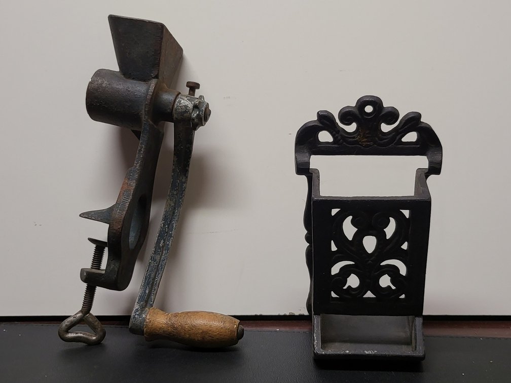 Cast Iron Beatrice No. 224 English Coffee Grinder & Iron Art JM 116 Wall Match Safe