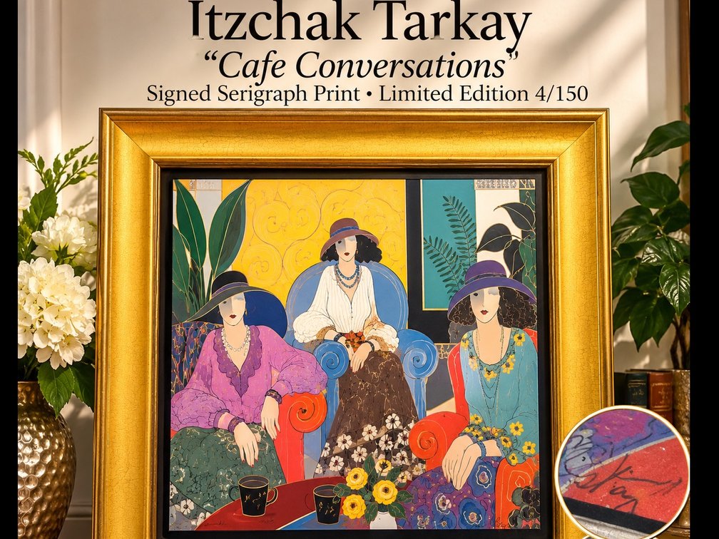 Itzchak Tarkay “Cafe Conversations”,Signed Limited Edition Serigraph Print 4/150 – Ornate Gold Frame