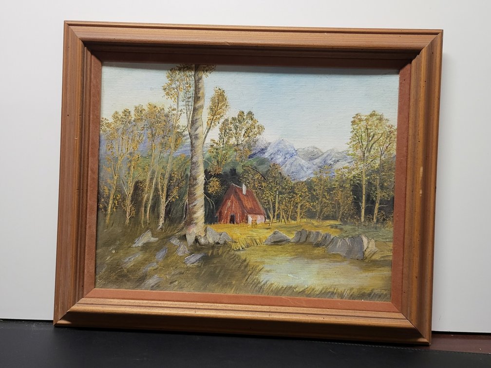 Mid-Century Mountain Landscape Oil Painting,Framed Red Cabin Rustic Folk Art