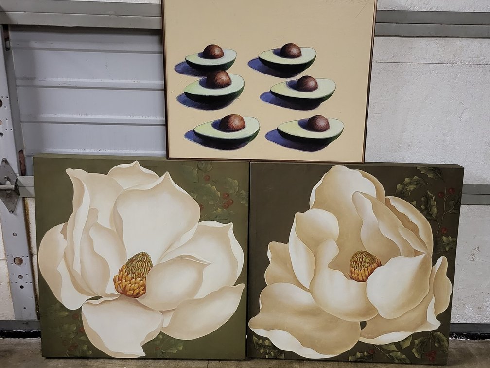 3pc Mid-Century & Botanical Wall Art: Signed Avocado Painting + Magnolia Canvases