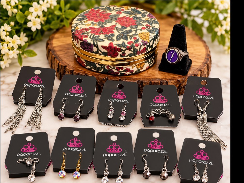 Paparazzi Fashion Jewelry ,Assorted Earrings, Purple Ring & Floral Trinket Box