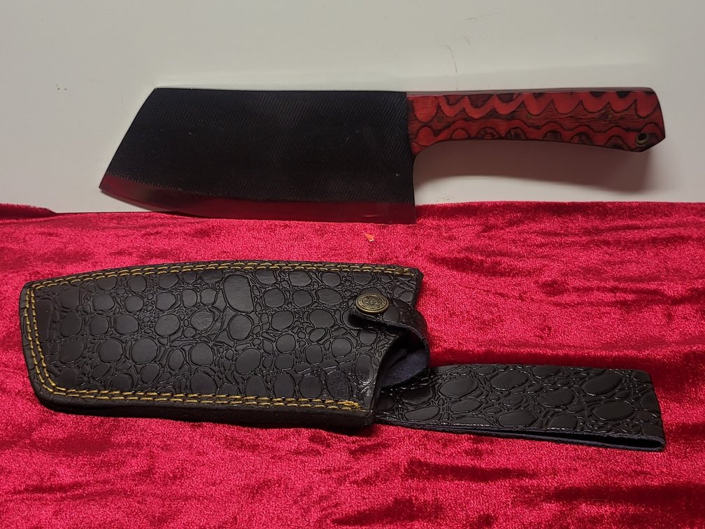 Handmade Heavy Duty Cleaver Knife with Tooled Leather Sheath