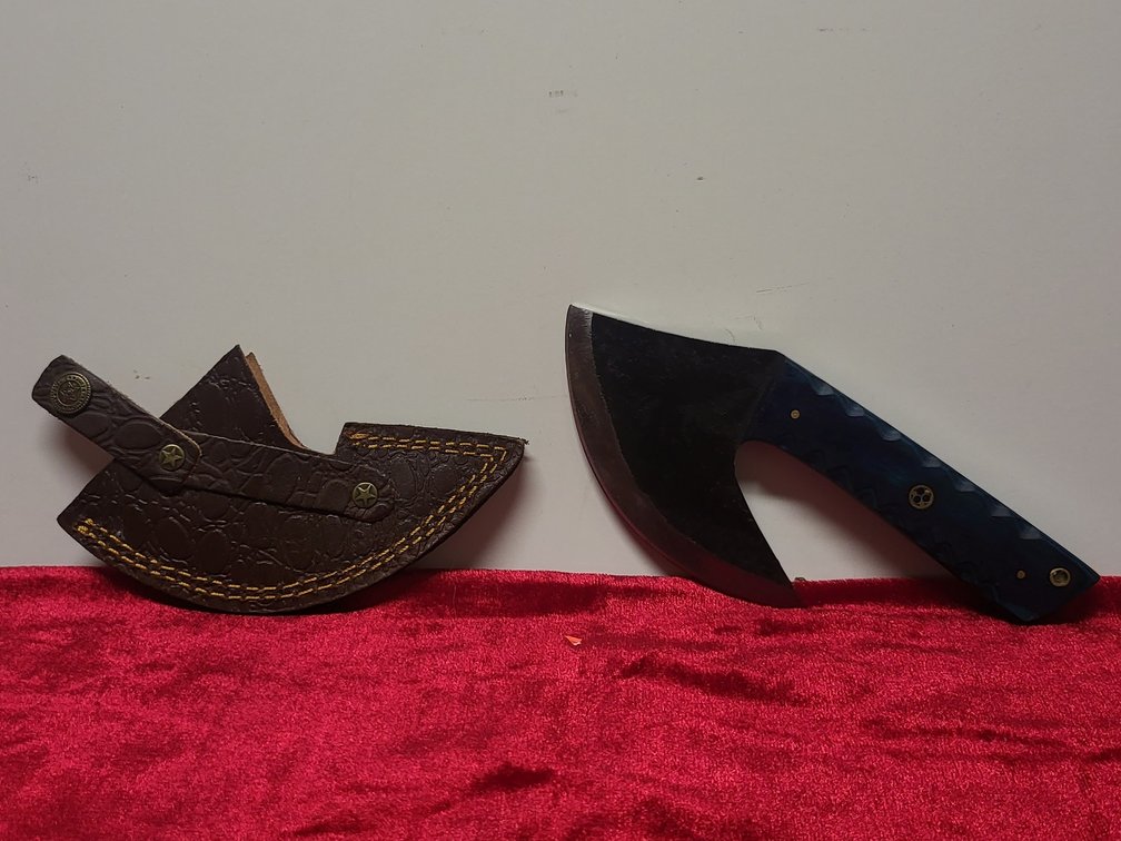 Custom Handmade Mini Pocket Axe / Ulu Cleaver Rocker Knife with Leather Sheath