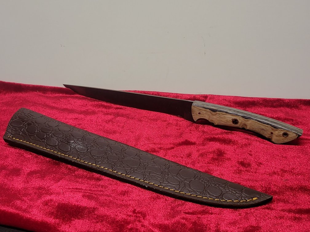 Custom Handmade Fixed Blade Slicing/Fillet Knife with Exotic Wood Handle & Tooled Leather Sheath