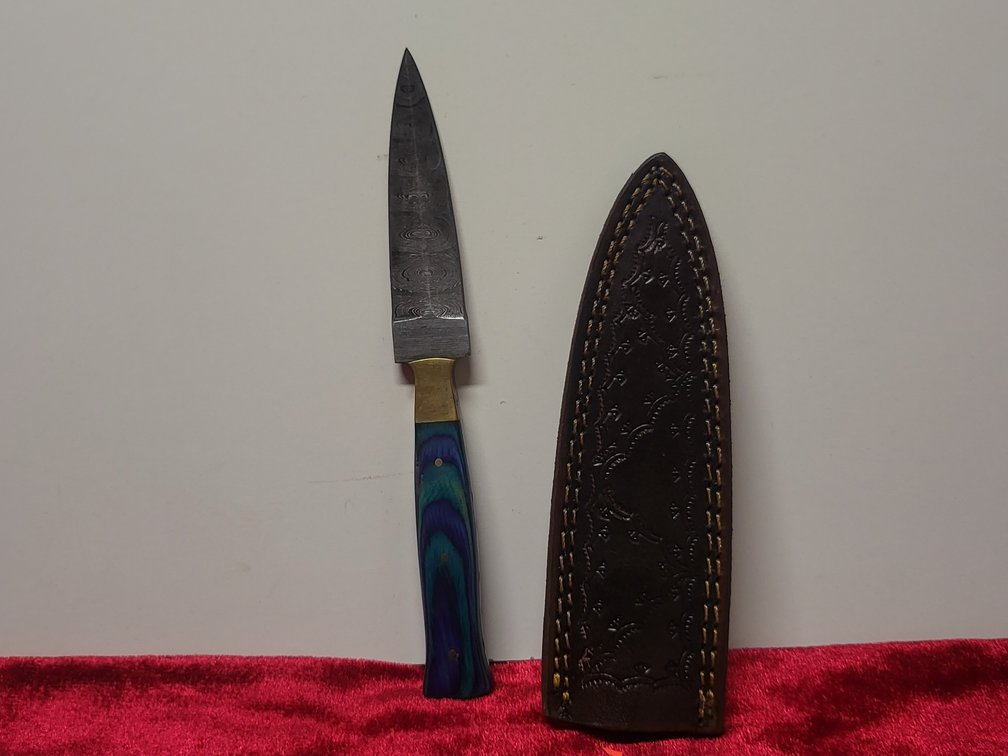 Custom Handmade Damascus Steel Fixed Blade Boot Knife Dagger w/ Blue Wood Handle & Leather Sheath