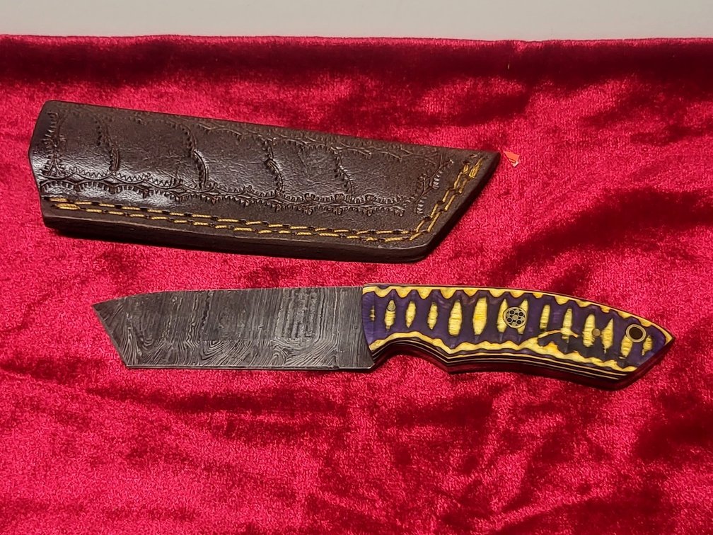 Custom Handmade Damascus Steel Tanto Fixed Blade Knife with Leather Sheath
