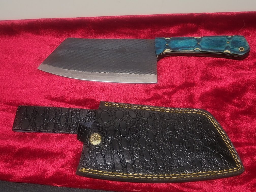 Handcrafted Custom Cleaver Knife with Premium Textured Leather Sheath