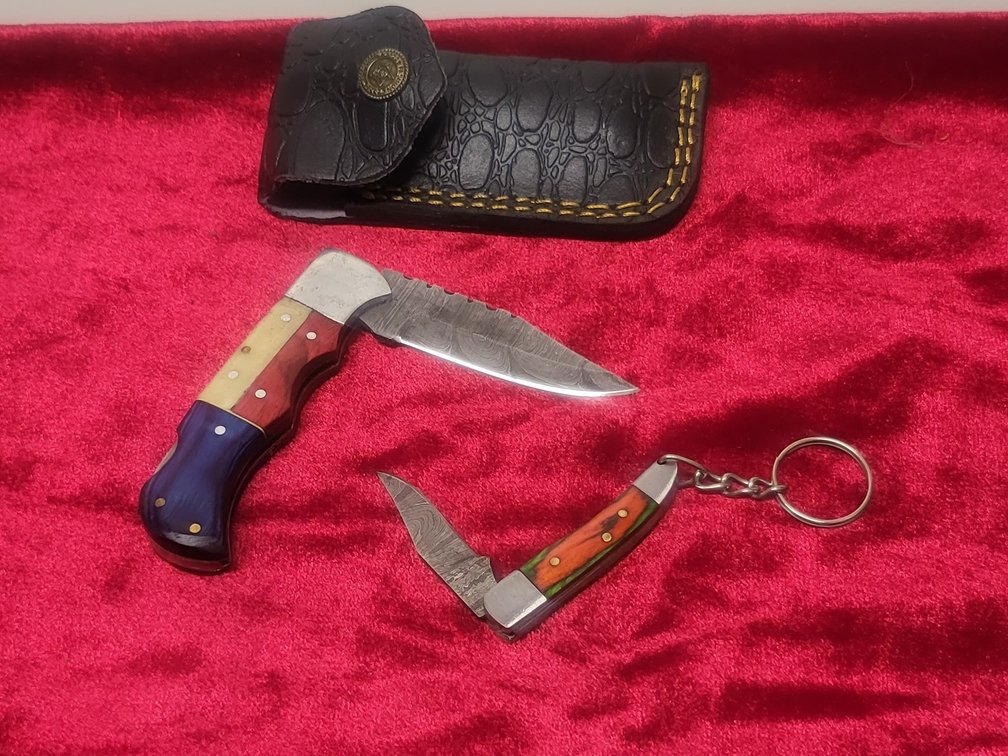 Handcrafted Damascus Steel Pocket Knife & Matching Mini Keychain Knife Set -