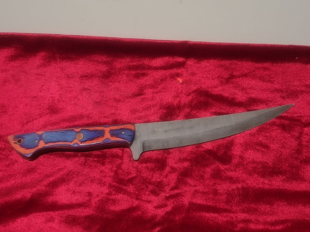Custom Handcrafted Fixed-Blade Hunting Knife,Vibrant Blue & Orange Pakkawood Handle