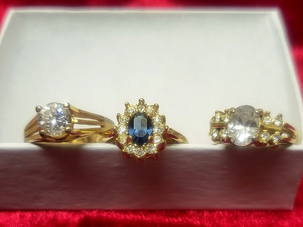 3,Gold Tone  Costume Ring, Blue &Clear Stones