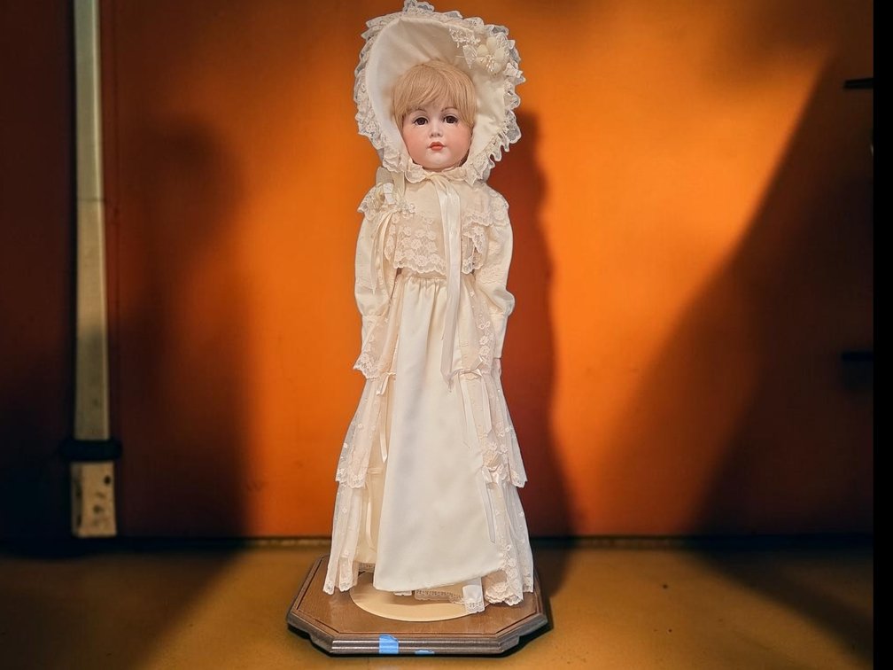 Large 28.5" Vintage 1980 Porcelain Doll Mark 80 Blonde Pouty Face Victorian Dress