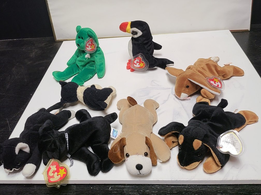 Ty Beanie Babies , Retired 1990s Plush Collectibles with Tags (Erin, Puffer, Doby, Canyon, Ears)