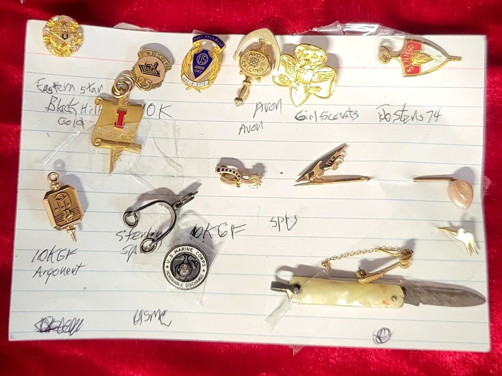 Jewelry & Pin Lot of 15,10K, Gold Filled, Sterling, Fraternal, Military