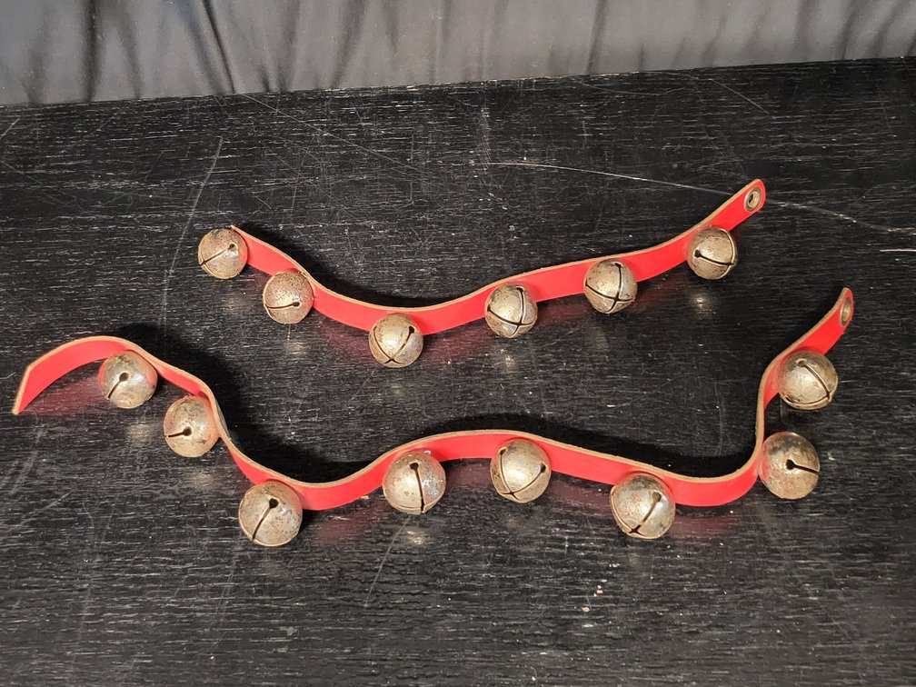 Sleigh Bells on Red Leather Straps ,Set of 2