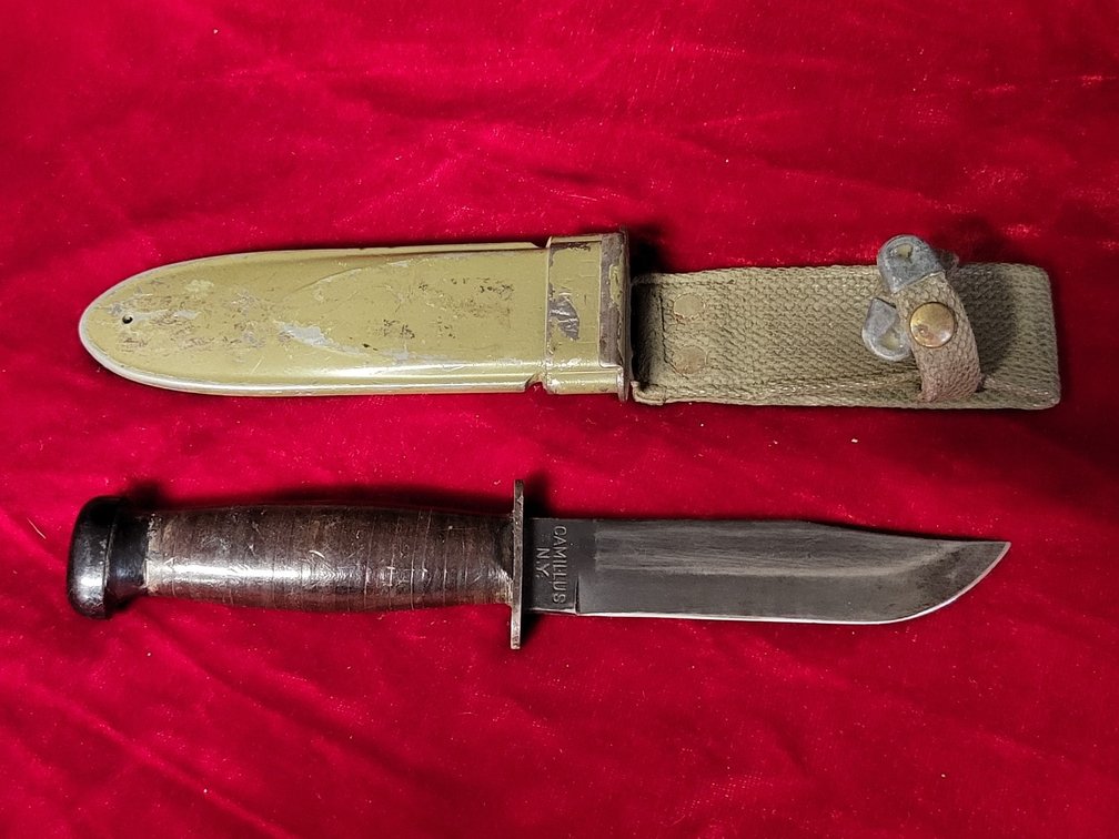 WWII US Navy Mark 1 Camillus NY Fighting Knife & OD Composition Sheath