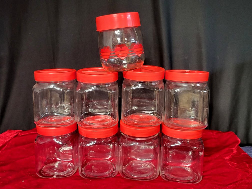 Borgonovo Italy Glass Storage Jars Set of 9 Red Lids Retro Kitchen Canisters