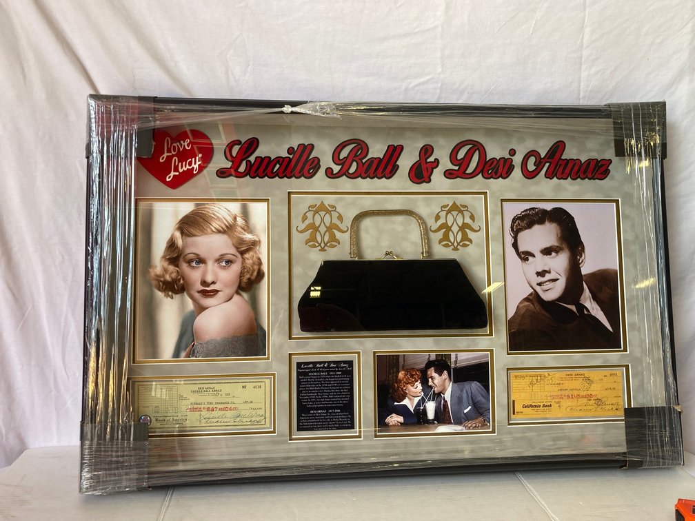 Lucille Ball / Desi Arnaz signed checks photo with Ball-owned handbag