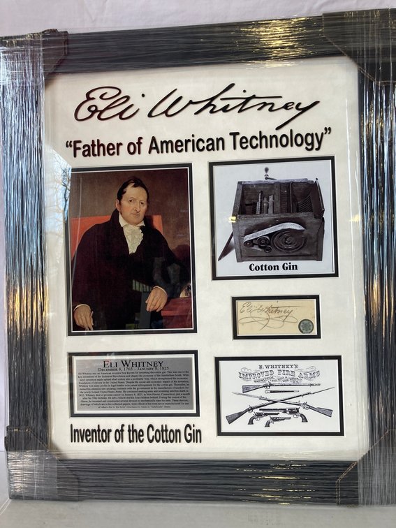Eli Whitney "Cotton Gin" Signed Cut Photo Frame