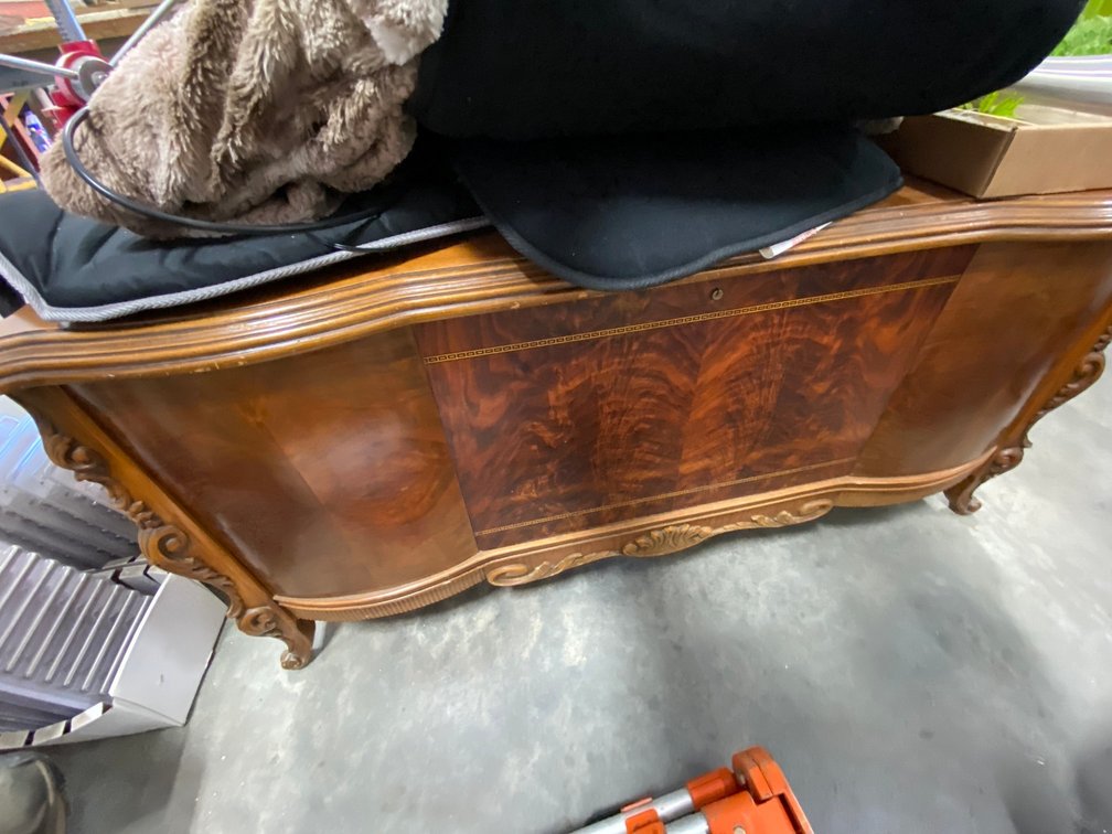 Cedar chest, burled walnut front and some blankets