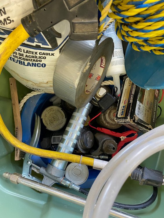 Tote w/ misc.:  Rope, grease guns, extension cord