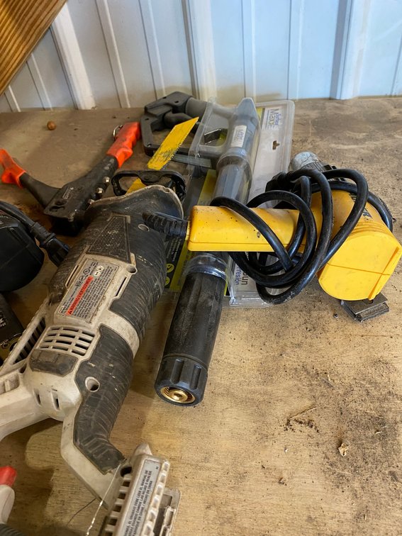 Power tools: Porter-Cable sawzall, 2 heat guns, pressure washer gun; NO battery for the Porter-Cable