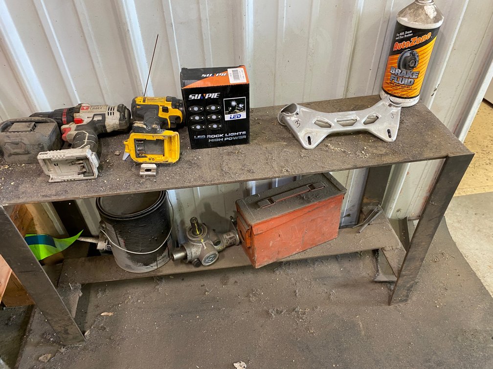 Porter-Cable cordless drill, DeWalt cordless drill (no charger/battery) w/ work bench and contents of the bench