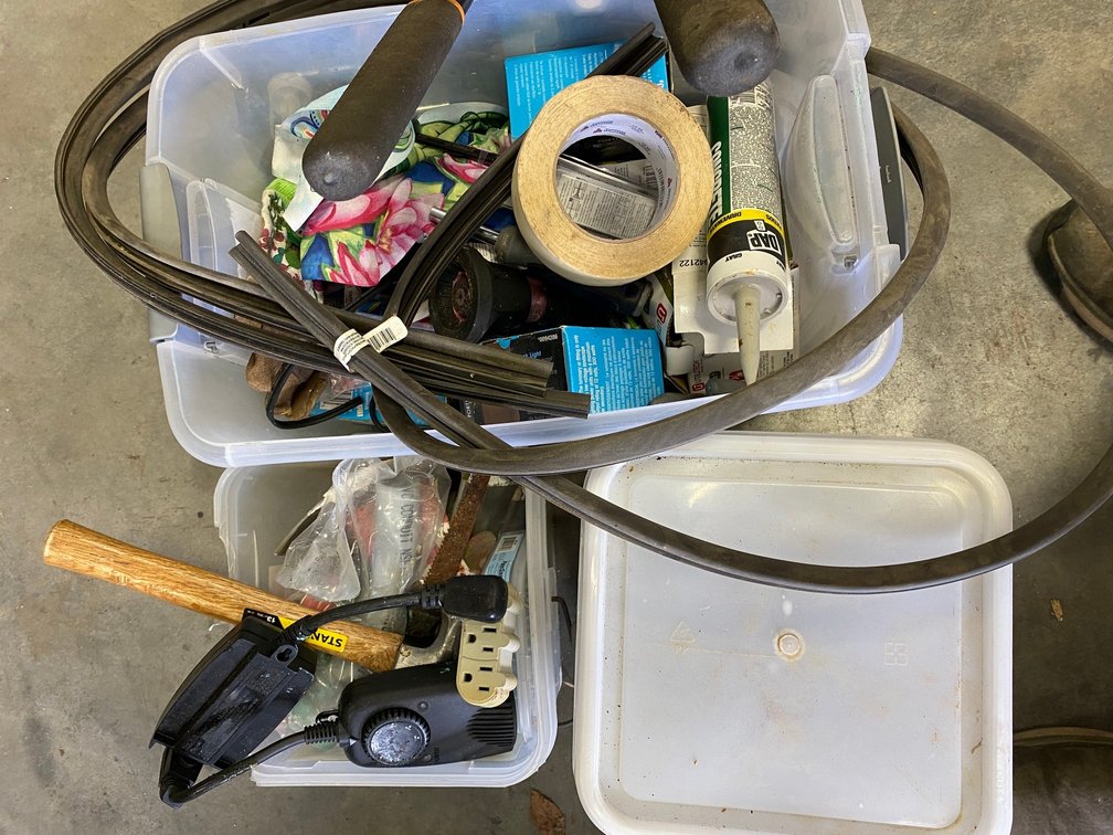 3 Containers of misc. items and a pair of Fiskar pruners