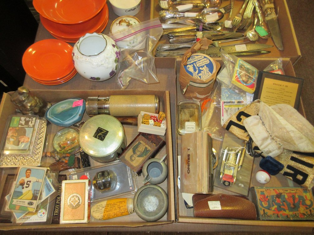 3 Flats of misc. items:  Old football cards, paperweight, some misc. trading cards from different movie shows, some flatware and carving set