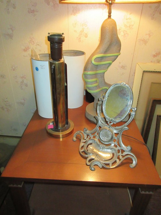 Metal dresser mirror, vintage lamps and end table