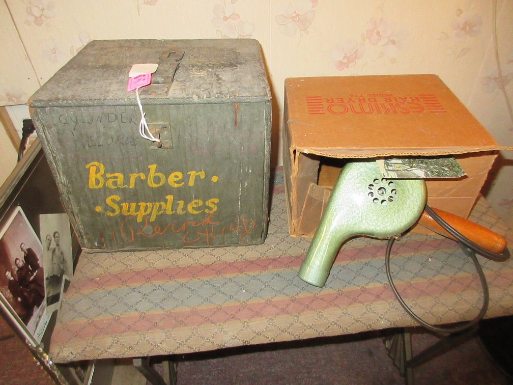 Wooden box and assortment of old prints w/ wrought iron base bench, old hair dryer