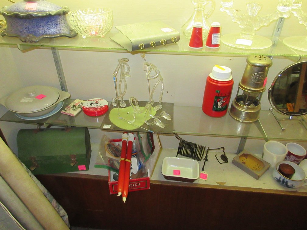 3 Shelves of misc. items:  Candles, mirrors, candlesticks, plastic kid's stuff, knives, little transistor radio, small carving set