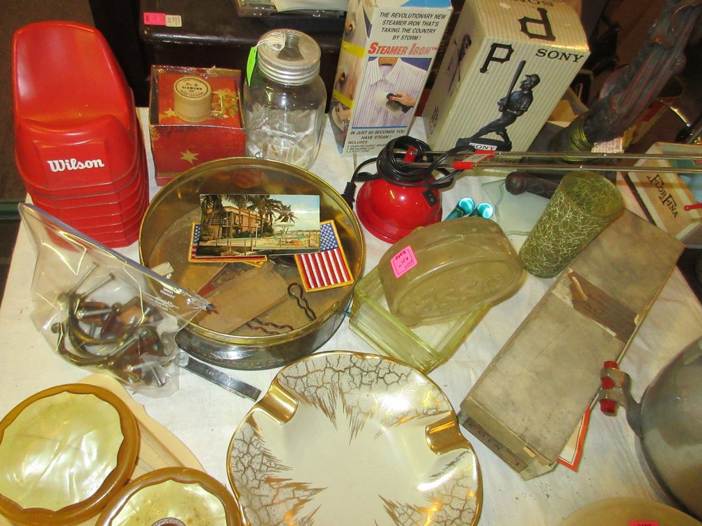 Dresser set:  Table light, jar, some door pulls, Fire King piece