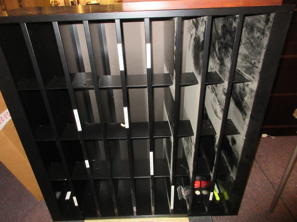 Metal shelving unit, wooden box