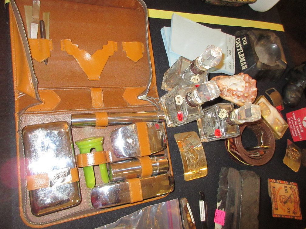 Dresser set, harmonica and some small items, some dresser jars and perfume bottles