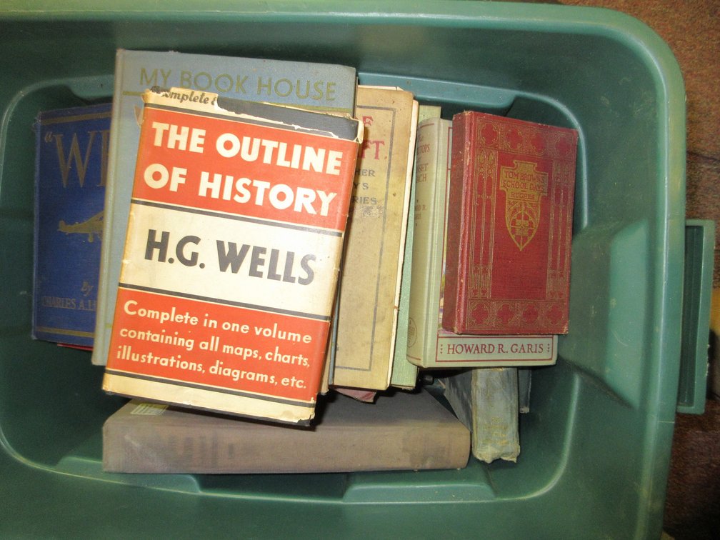 Tote of old books:  Out of Town City Directories book, H.G. Wells book, The Outline of History, record stand and some albums w/ a little container or 45's