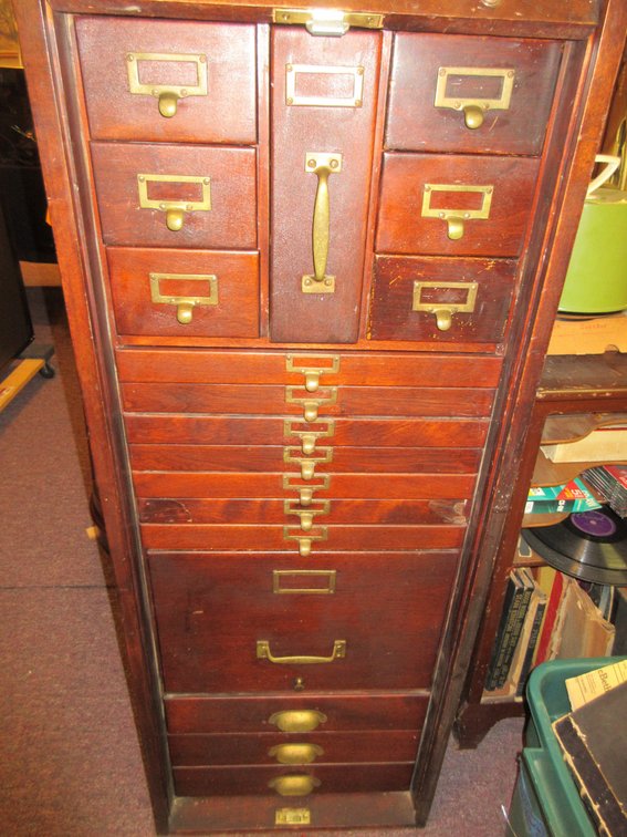 Tambour roll mahogany finish cabinet w/ 18 drawers;  Lock WORKS and key IS included!
