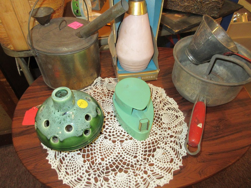 Assortment of glasses:  Ice cream, sundae glasses, tape dispenser, sifter, antique smoker