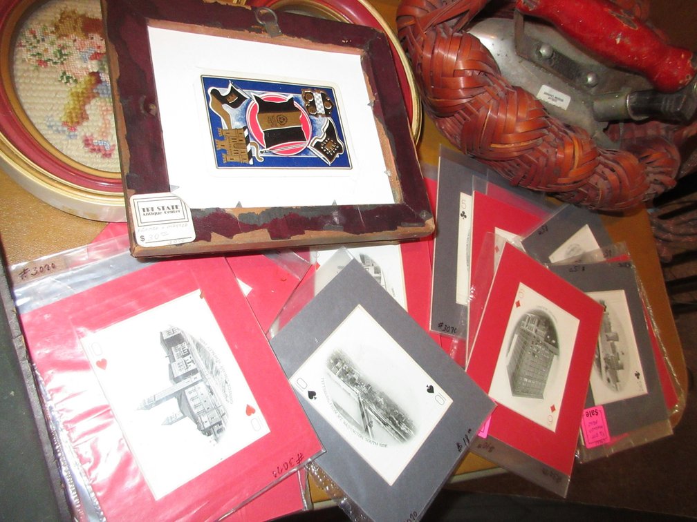 Little framed playing cards of buildings in Pittsburgh, old iron and billiard picture w/ little box