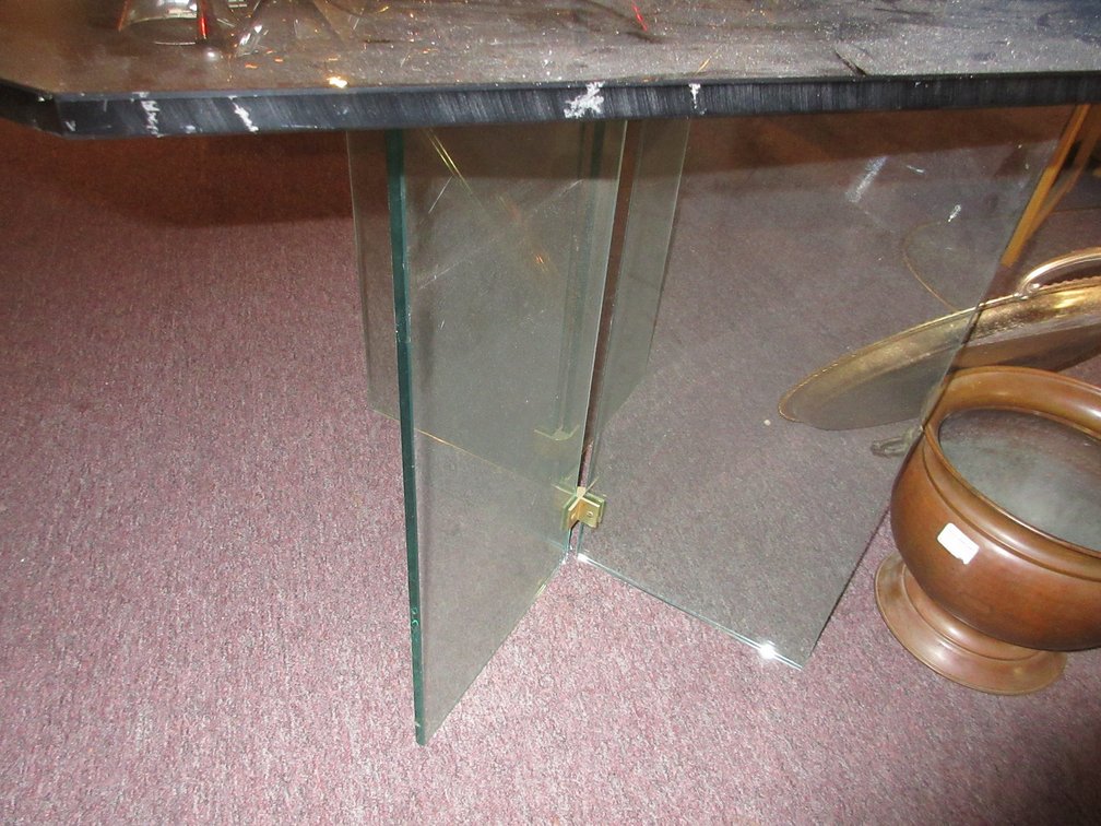 Glass top table w/ glass supports, brass planter and metal tray