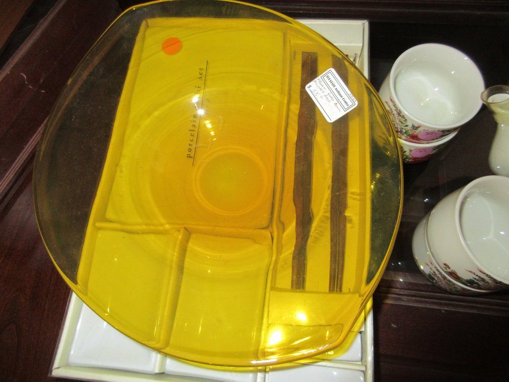 Porcelain sushi set, print and small little end table cabinet