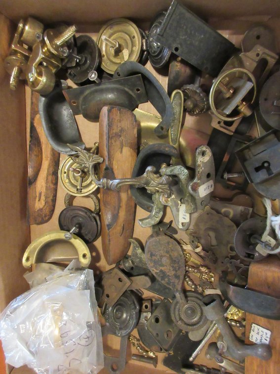 2 Flats of  drawer pulls, some locks, misc. hardware